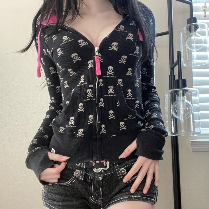 Vintage Zip Hoodie - Gothic Skeleton Print Cardigan Contrast Hooded